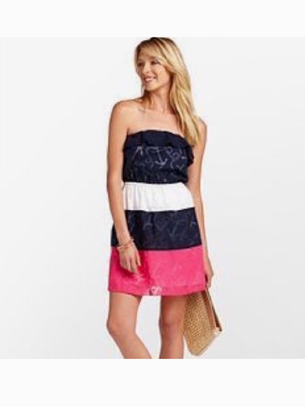 Lilly Pulitzer Libby navy pink white anchor print ruffle strapless flare dress S